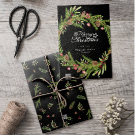 Moderne minimale Kerstkrans met zwarte bladeren Feestdagenkaart