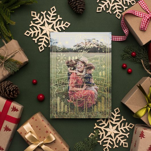 Moderne, minimale kerstlijnkunst | 5 Foto Folie Feestdagenkaart