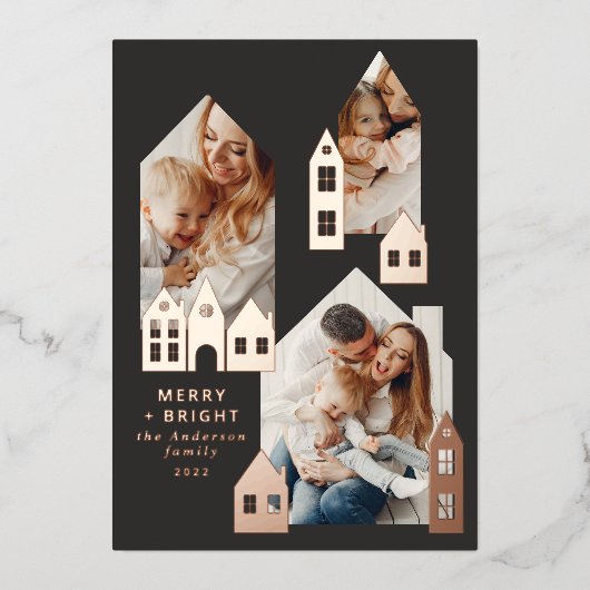 Moderne, minimale Kerstmis Noordse huizen 3 foto Folie Feestdagenkaart (Voorkant)