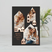 Moderne, minimale Kerstmis Noordse huizen 3 foto Folie Feestdagenkaart (Staand Voorkant)