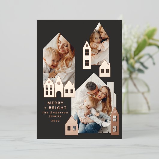 Moderne, minimale Kerstmis Noordse huizen 3 foto Folie Feestdagenkaart (Staand Voorkant)