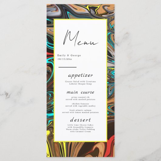 Moderne minimale kleurrijke Abstracte bruiloft Menu (Voorkant)