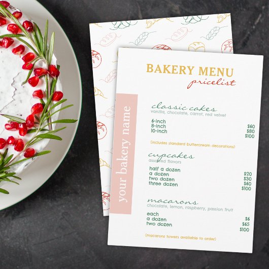 Moderne minimale kleurrijke menu bakkerij prijslij