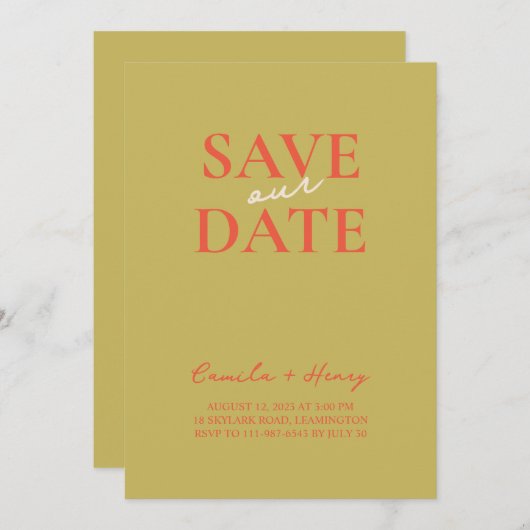 Moderne minimale kleurrijke Oranje groene bruiloft Kaart (Voorkant / Achterkant)