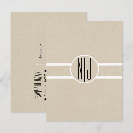 Moderne minimale Kraft rustieke Monogram Save the  Aankondigingskaart (Voorkant / Achterkant)