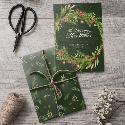 Moderne minimale krans met blad en schrift Kerstmi Feestdagenkaart