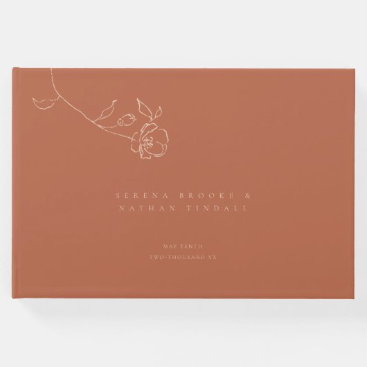Moderne minimale kunst bloemperzik roest bruiloft gastenboek (Voorkant)