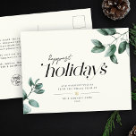 Moderne Minimale Logo voor Eucalyptus Business Feestdagenkaart<br><div class="desc">Stijlvolle, elegante scripttypografie ontwerpen zakelijke feestdagen briefkaart lezen Gelukzinnige Feestdagen naast moderne eucalyptusillustraties voor waterverf boven een gedrukte gouden sneeuwvlok, uw aangepaste tekst en bericht. Op de rug is ruimte voor een ander bericht en uw collectieve logo. Deze moderne, minimalistische, niet-denominationele boodschap van dankbaarheid is perfect voor zakelijke of persoonlijke...</div>