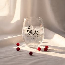 Moderne Minimale 'Love' Wedding Paar Namen & Datum Wijnglas Zonder Voet