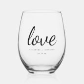 Moderne Minimale 'Love' Wedding Paar Namen & Datum Wijnglas Zonder Voet (Voorkant)