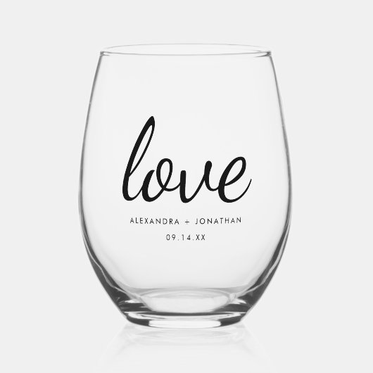 Moderne Minimale 'Love' Wedding Paar Namen & Datum Wijnglas Zonder Voet (Voorkant)
