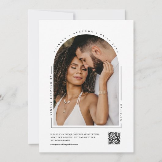 Moderne Minimale Magenta Arch QR Code Trouwfoto Kaart (Achterkant)