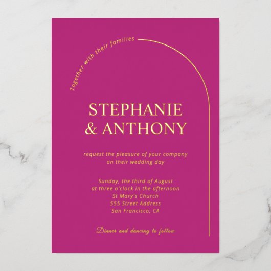 Moderne minimale magenta met wapenweddenschap folie uitnodiging (Voorkant)