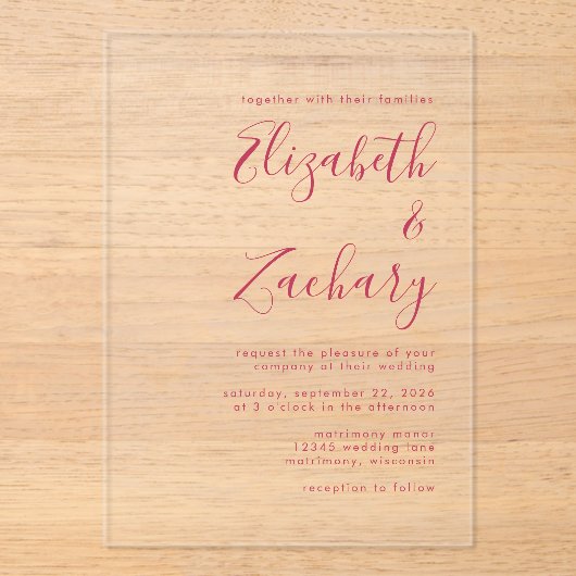 Moderne minimale Magenta Script bruiloft Acryl Uitnodigingen (Voorkant)