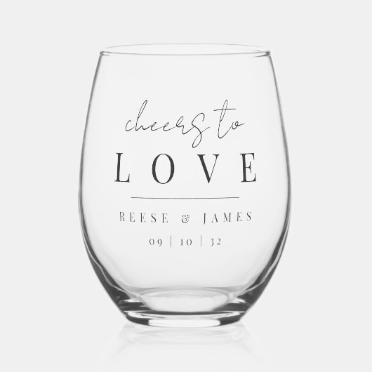 Moderne Minimale Manuscript Cheers to Love Wedding Wijnglas Zonder Voet (Voorkant)