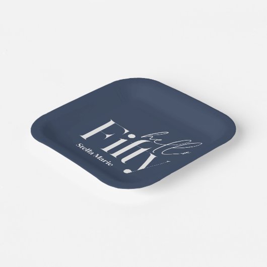 Moderne minimale marine blauw eenvoudige 50e verja papieren bordje (Gebogen)