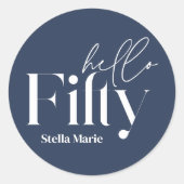 Moderne minimale marine blauw eenvoudige 50e verja ronde sticker (Voorkant)