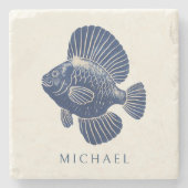 Moderne minimale marine blauw nautische vis aangep stenen onderzetter (Voorkant)