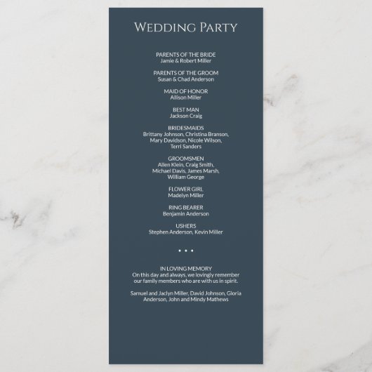 Moderne minimale marine blauwe bruiloft ceremonie programmakaart (Achterkant)