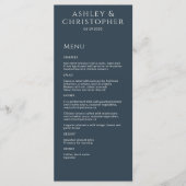 Moderne minimale marine blauwe bruiloft receptie menu (Voorkant)