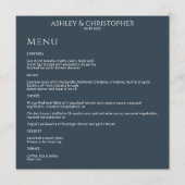 Moderne minimale marine blauwe bruiloft receptie menu (Voorkant)