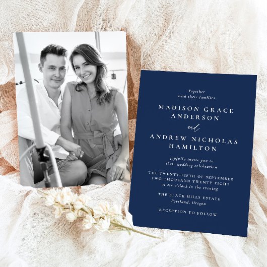 Moderne Minimale Marine Fotobruiloft Kaart