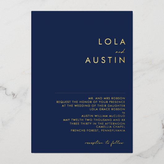 Moderne, minimale 'marine Gold Traditional Wedding Folie Uitnodiging (Voorkant)