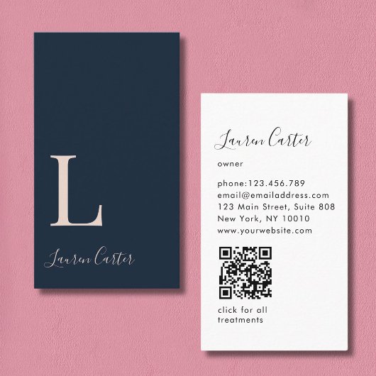 Moderne Minimale Monogram Blauw Blush QR-code Visitekaartje
