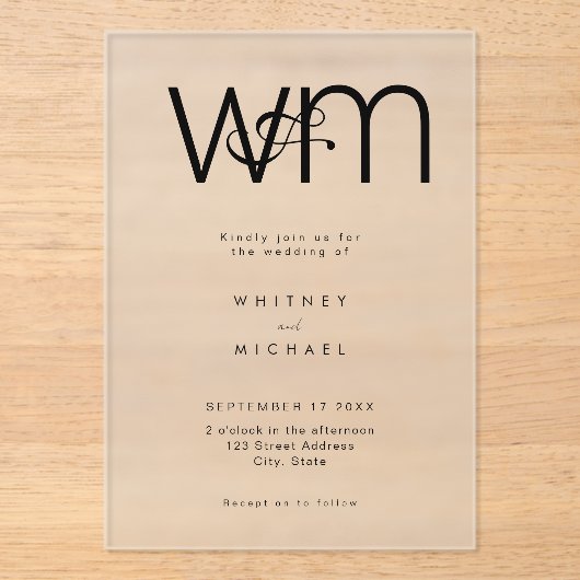 Moderne minimale monogram bruiloft acryl uitnodigingen (Voorkant)