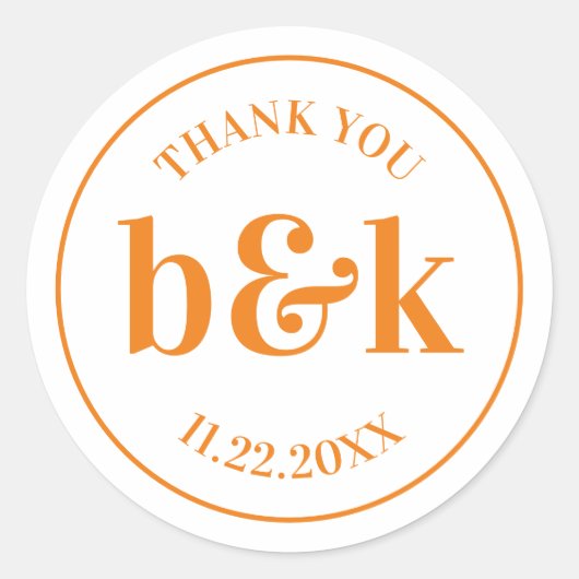 Moderne minimale monogram Initiaal Oranje huwelijk Ronde Sticker (Voorkant)