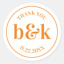 Moderne minimale monogram Initiaal Oranje huwelijk Ronde Sticker