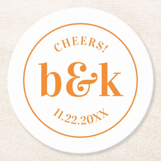 Moderne minimale monogram Initialen Oranje huwelij Ronde Kartonnen Onderzetter (Voorkant)