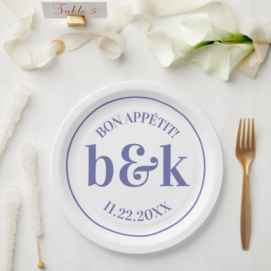 Moderne minimale monogram Initialen Paars huwelijk Papieren Bordje (Huwelijk)