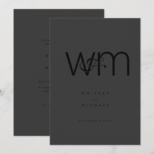 Moderne Minimale Monogram Matte Black Wedding Kaart (Voorkant / Achterkant)