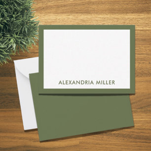 Moderne minimale monogram naam Olive Green Notitiekaartje