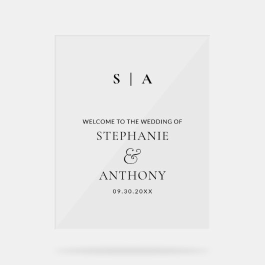 Moderne minimale monogram zwart en witbruiloft acryl bord (Voorkant)