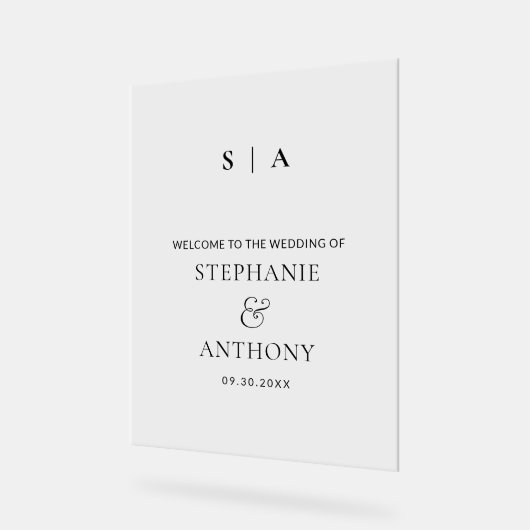 Moderne minimale monogram zwart en witbruiloft acryl bord (Hoek)