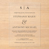 Moderne minimale monogram zwart en witbruiloft acryl uitnodigingen (Voorkant)