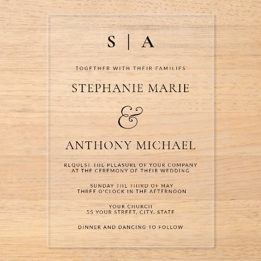 Moderne minimale monogram zwart en witbruiloft acryl uitnodigingen (Voorkant)