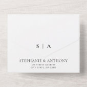 Moderne minimale monogram zwart en witbruiloft all in one uitnodiging (Achterkant)