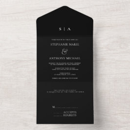 Moderne minimale monogram zwart en witbruiloft all in one uitnodiging