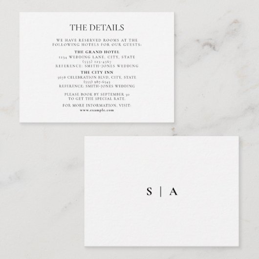 Moderne minimale monogram zwart en witbruiloft informatiekaartje (Voorkant / Achterkant)