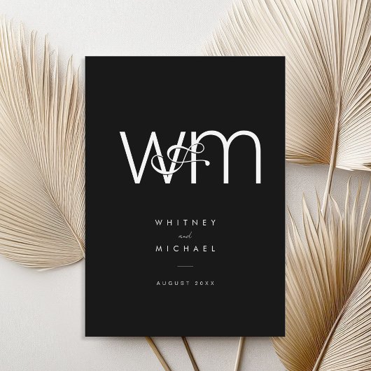 Moderne minimale monogram zwart en witbruiloft kaart