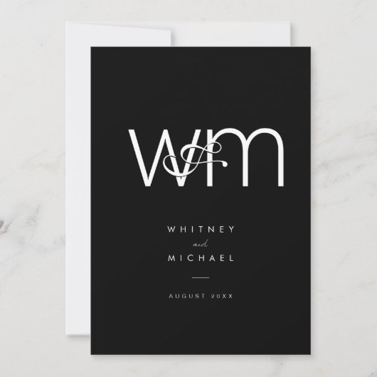 Moderne minimale monogram zwart en witbruiloft kaart (Voorkant)