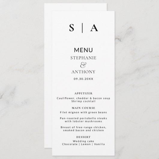 Moderne minimale monogram zwart en witbruiloft menu (Voorkant / Achterkant)