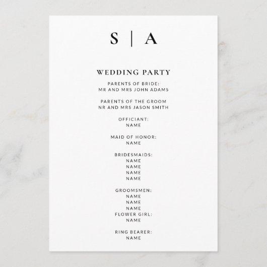 Moderne minimale monogram zwart en witbruiloft programmakaart (Achterkant)