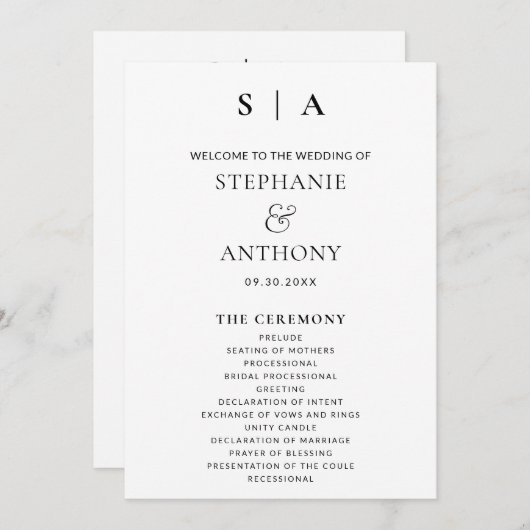 Moderne minimale monogram zwart en witbruiloft programmakaart (Voorkant / Achterkant)