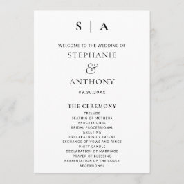 Moderne minimale monogram zwart en witbruiloft programmakaart