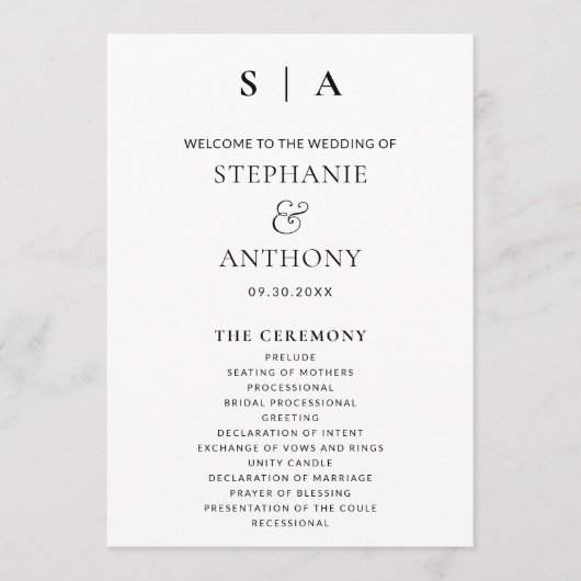 Moderne minimale monogram zwart en witbruiloft programmakaart (Voorkant)