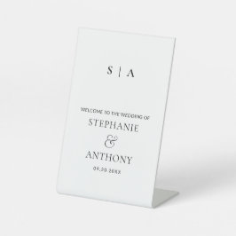 Moderne minimale monogram zwart en witbruiloft reclamebord met voetstuk